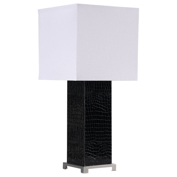 25 Inch Table Lamp, Square White Shade, Modern Black Crocodile Pattern Base - BM315282
