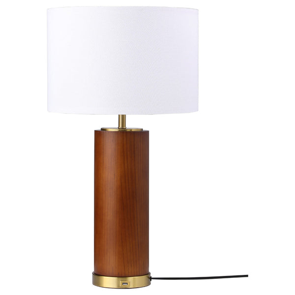 28 Inch Table Lamp, White Fabric Drum Shade, Gold Metal, Brown Bridge Base - BM315284
