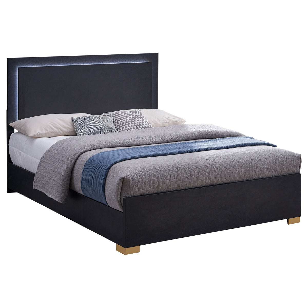 Dex Platform Queen Bed, Panel LED Headboard, Black Wood Melamine Finish