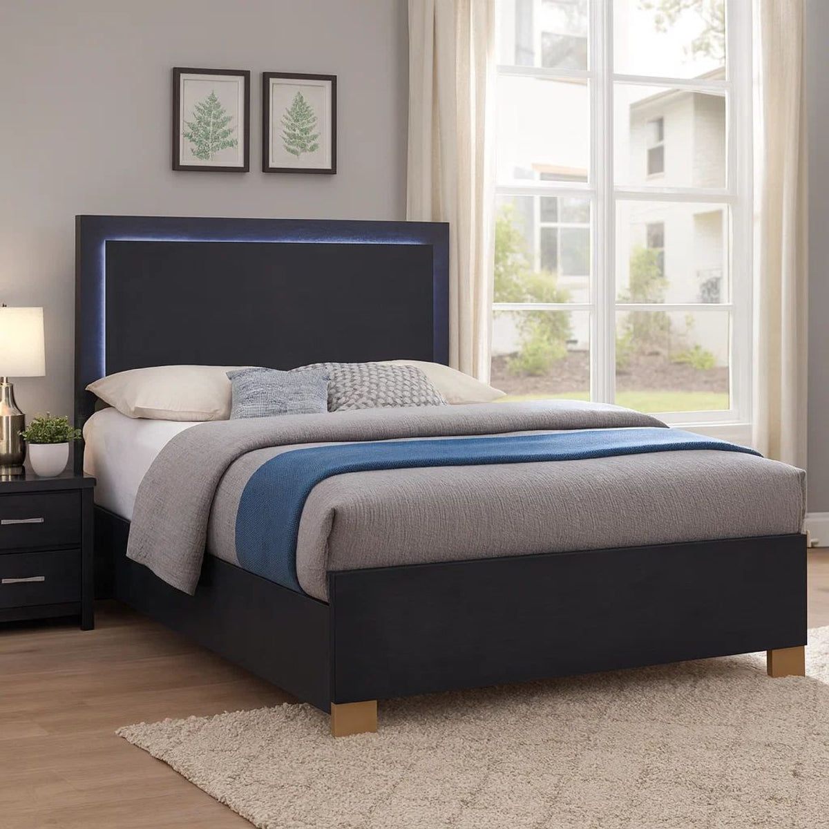 Dex Platform Queen Bed, Panel LED Headboard, Black Wood Melamine Finish