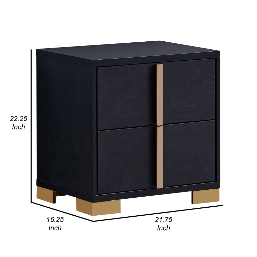 Dex 22 Inch Nightstand, 2 Drawers with Long Vertical Gold Handles, Black - BM315289