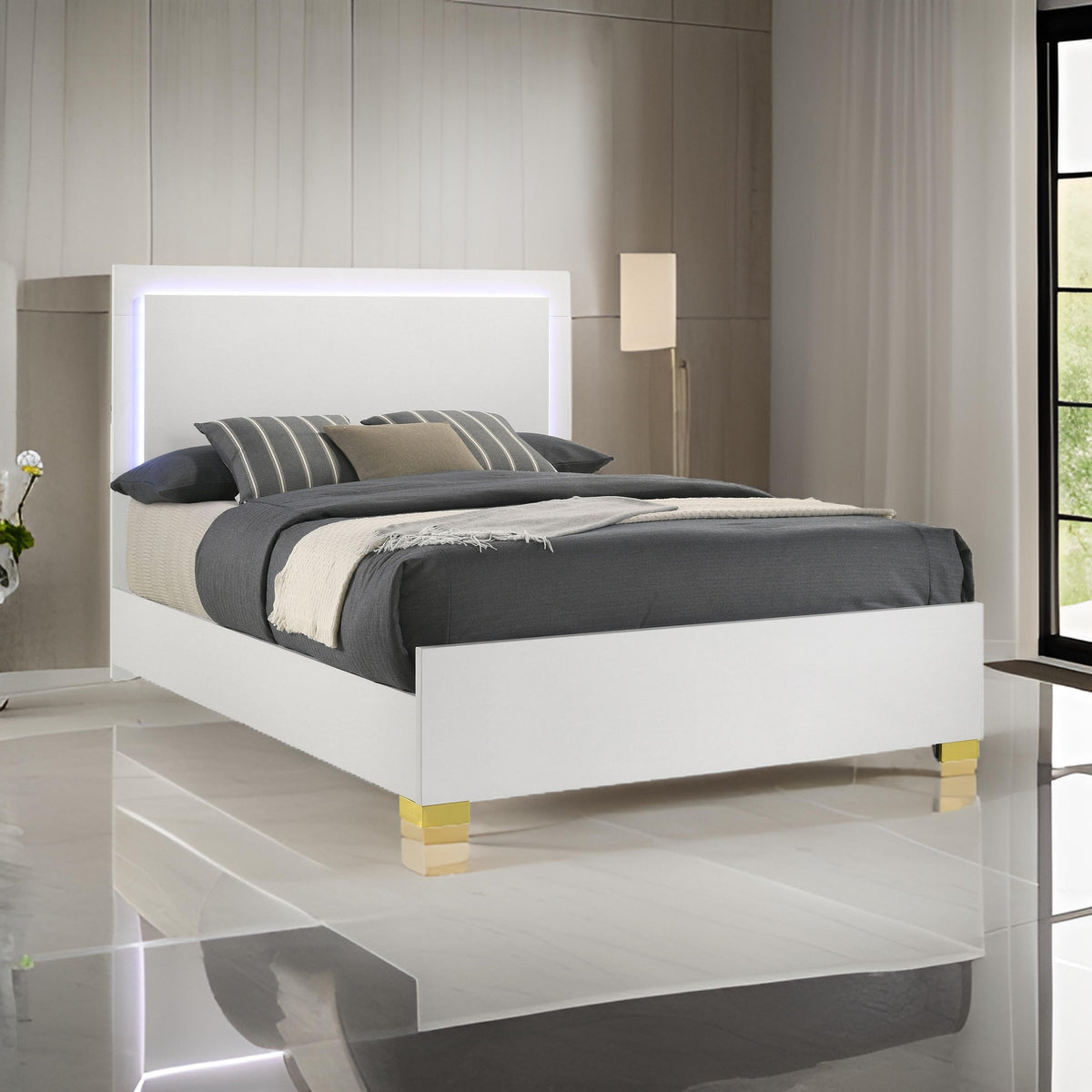 Dex Platform King Size Bed, Panel LED Headboard, White Wood Melamine Finish