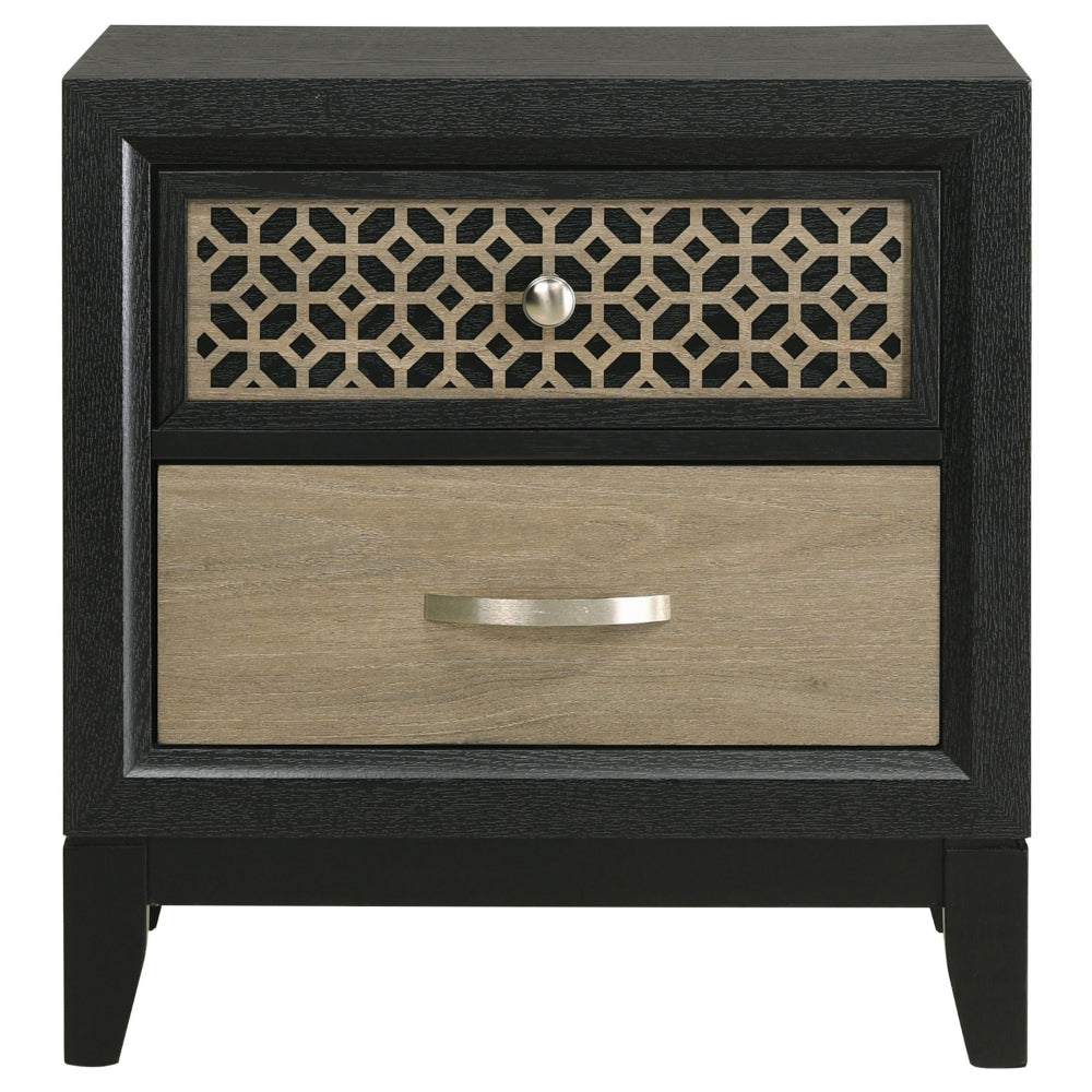 Aki 25 Inch Nightstand, 2 Drawers, Geometric Cut Out Front, Black, Brown - BM315299