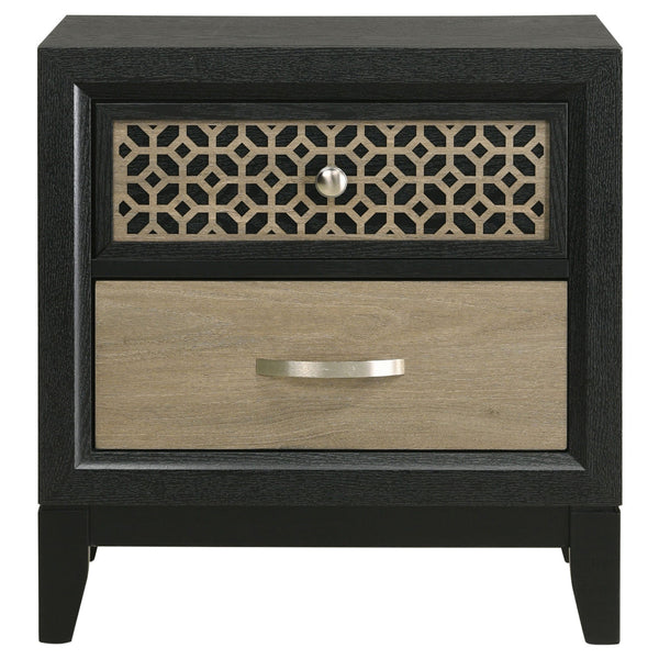 Aki 25 Inch Nightstand, 2 Drawers, Geometric Cut Out Front, Black, Brown - BM315299