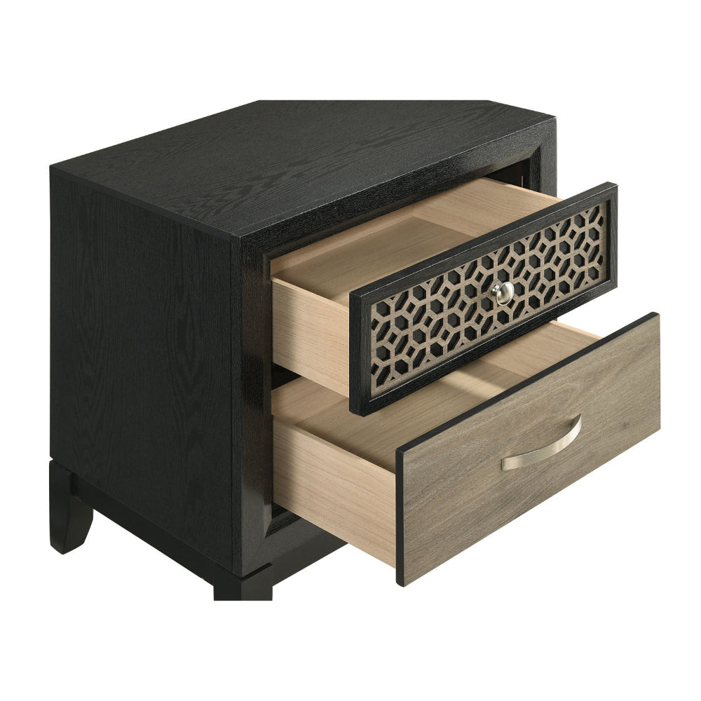 Aki 25 Inch Nightstand, 2 Drawers, Geometric Cut Out Front, Black, Brown - BM315299