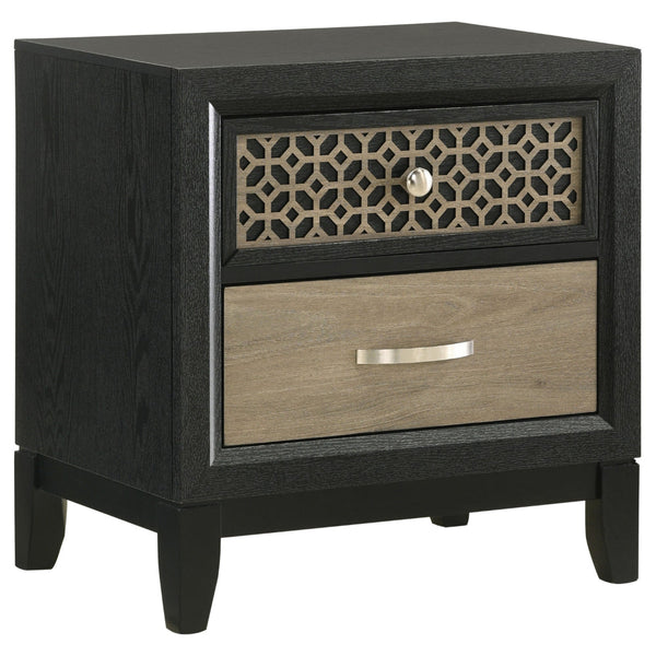 Aki 25 Inch Nightstand, 2 Drawers, Geometric Cut Out Front, Black, Brown - BM315299