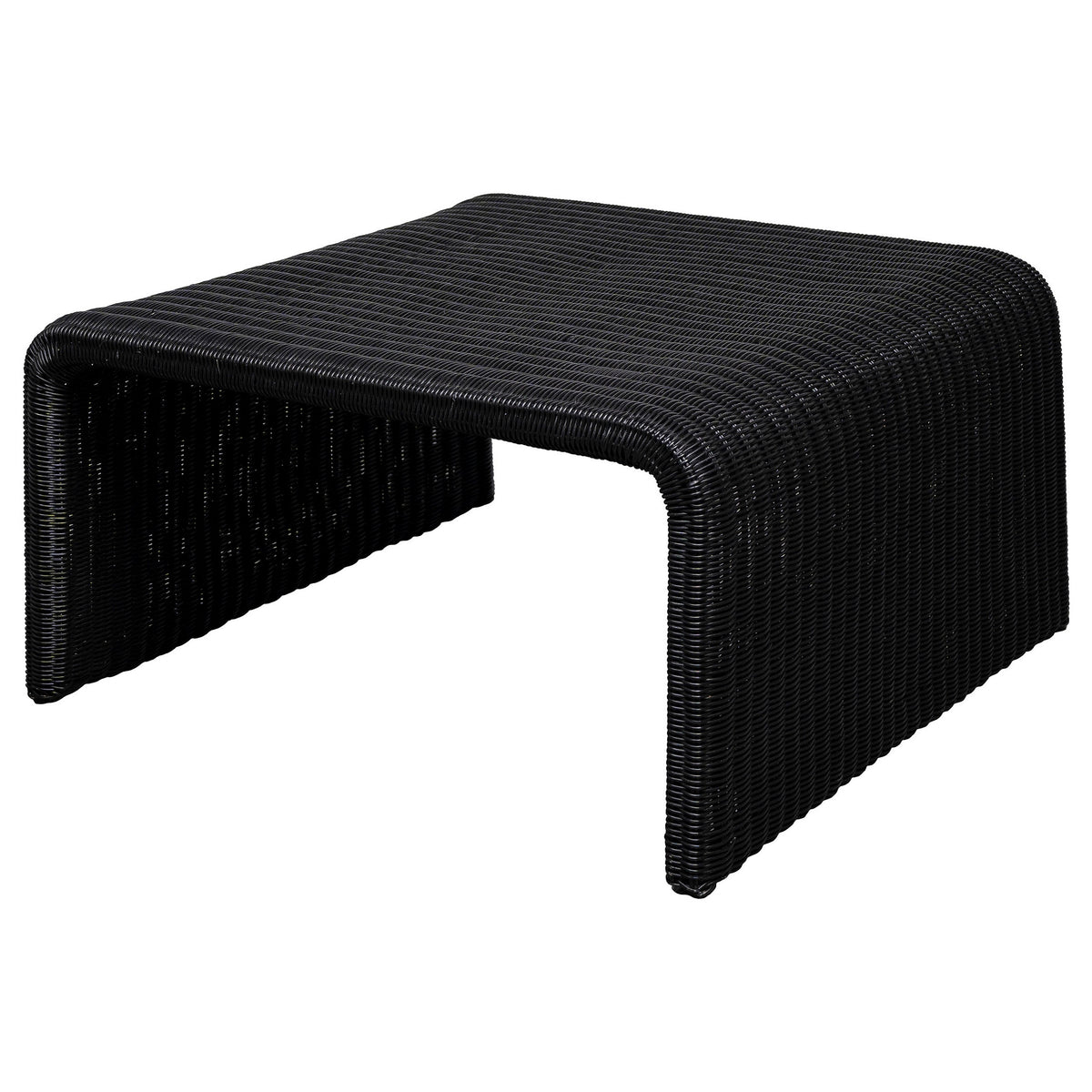 Gigi 36 Inch Coffee Table, Black Woven Rattan, Square Waterfall Edges - BM315305