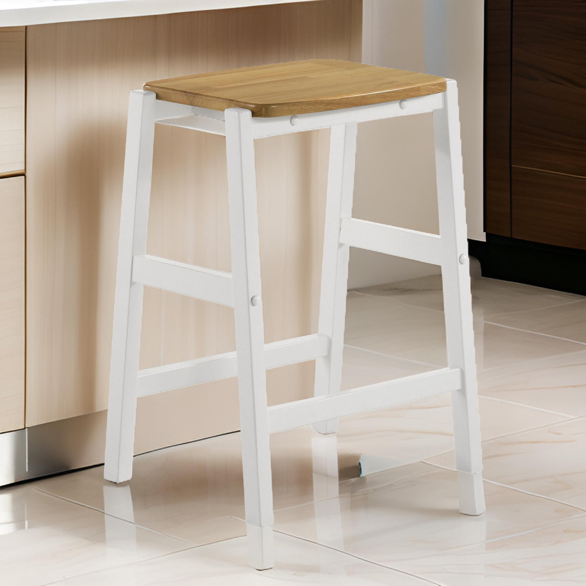 Hoa 24 Inch Counter Height Stool Set of 2, Footrest, White Brown Solid Wood - BM315310