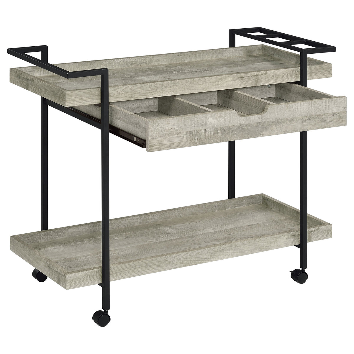 Tra 40 Inch Rolling Bar Cart, 2 Tier with Drawer, Gray Wood, Black Metal - BM315313