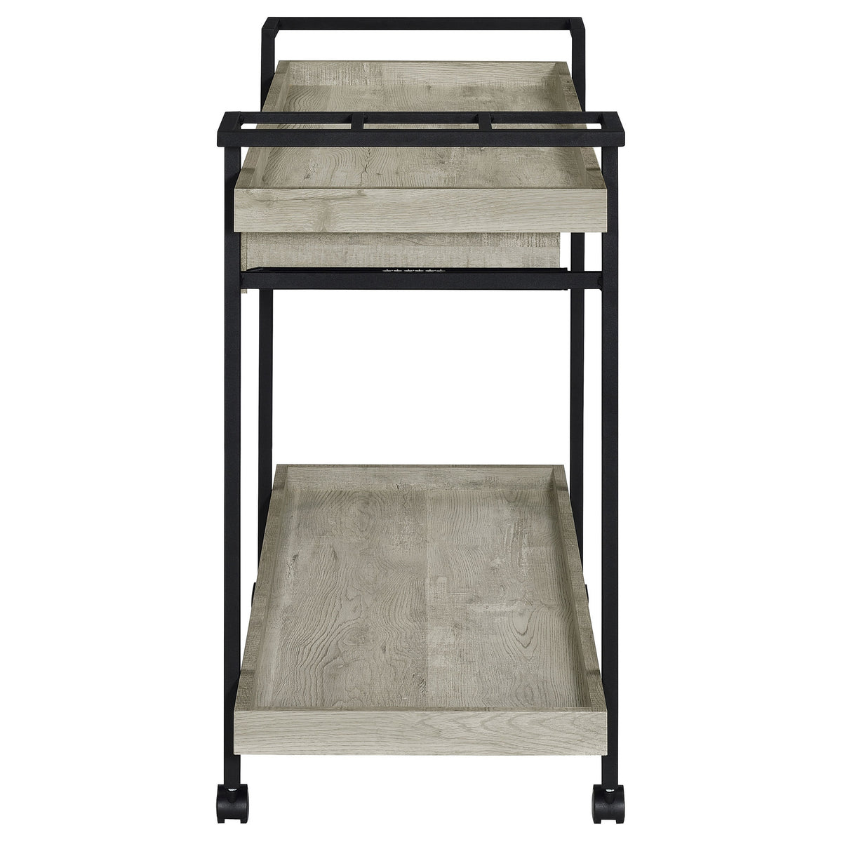 Tra 40 Inch Rolling Bar Cart, 2 Tier with Drawer, Gray Wood, Black Metal - BM315313