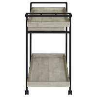 Tra 40 Inch Rolling Bar Cart, 2 Tier with Drawer, Gray Wood, Black Metal - BM315313