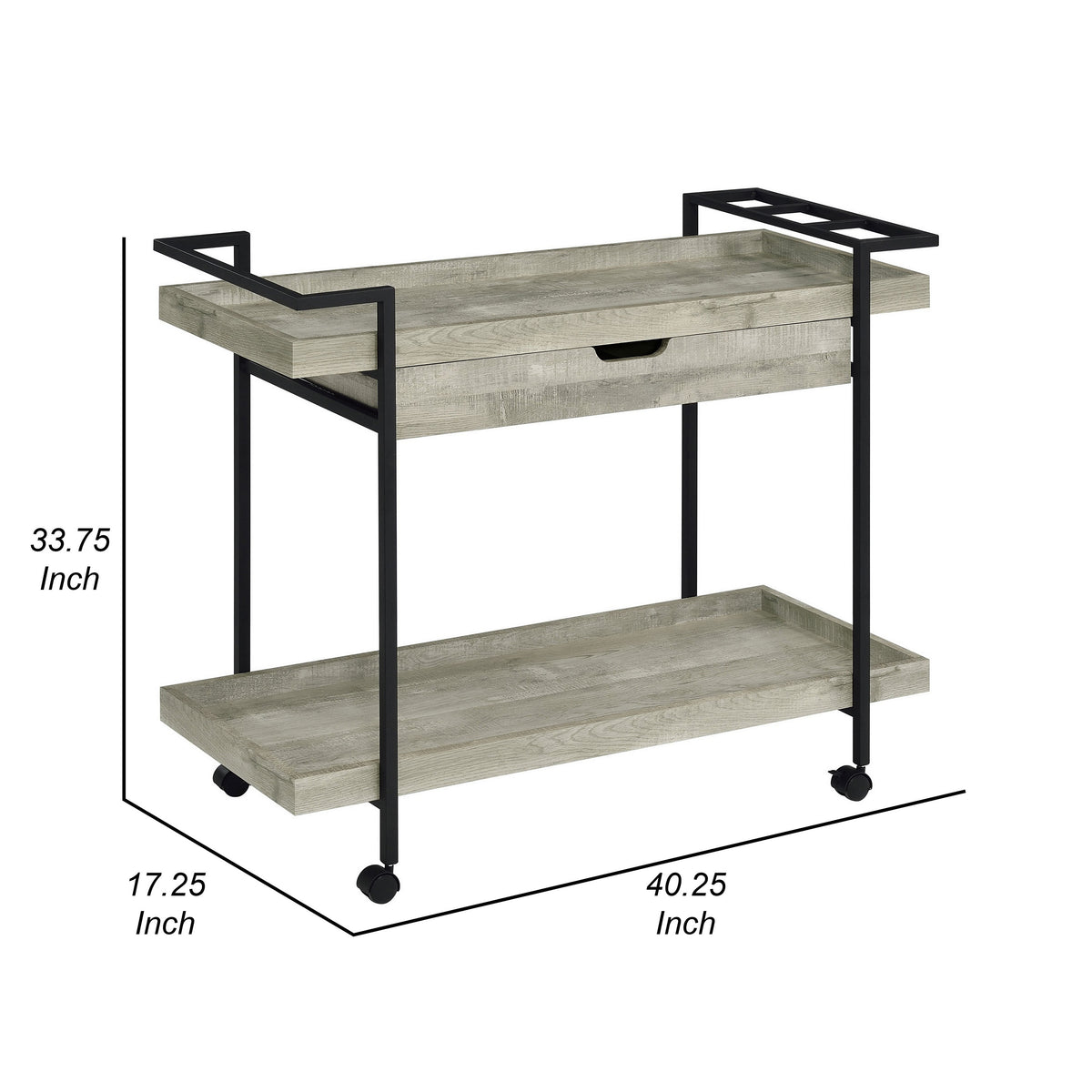 Tra 40 Inch Rolling Bar Cart, 2 Tier with Drawer, Gray Wood, Black Metal - BM315313