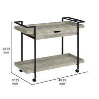 Tra 40 Inch Rolling Bar Cart, 2 Tier with Drawer, Gray Wood, Black Metal - BM315313