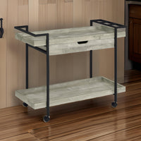 Tra 40 Inch Rolling Bar Cart, 2 Tier with Drawer, Gray Wood, Black Metal - BM315313