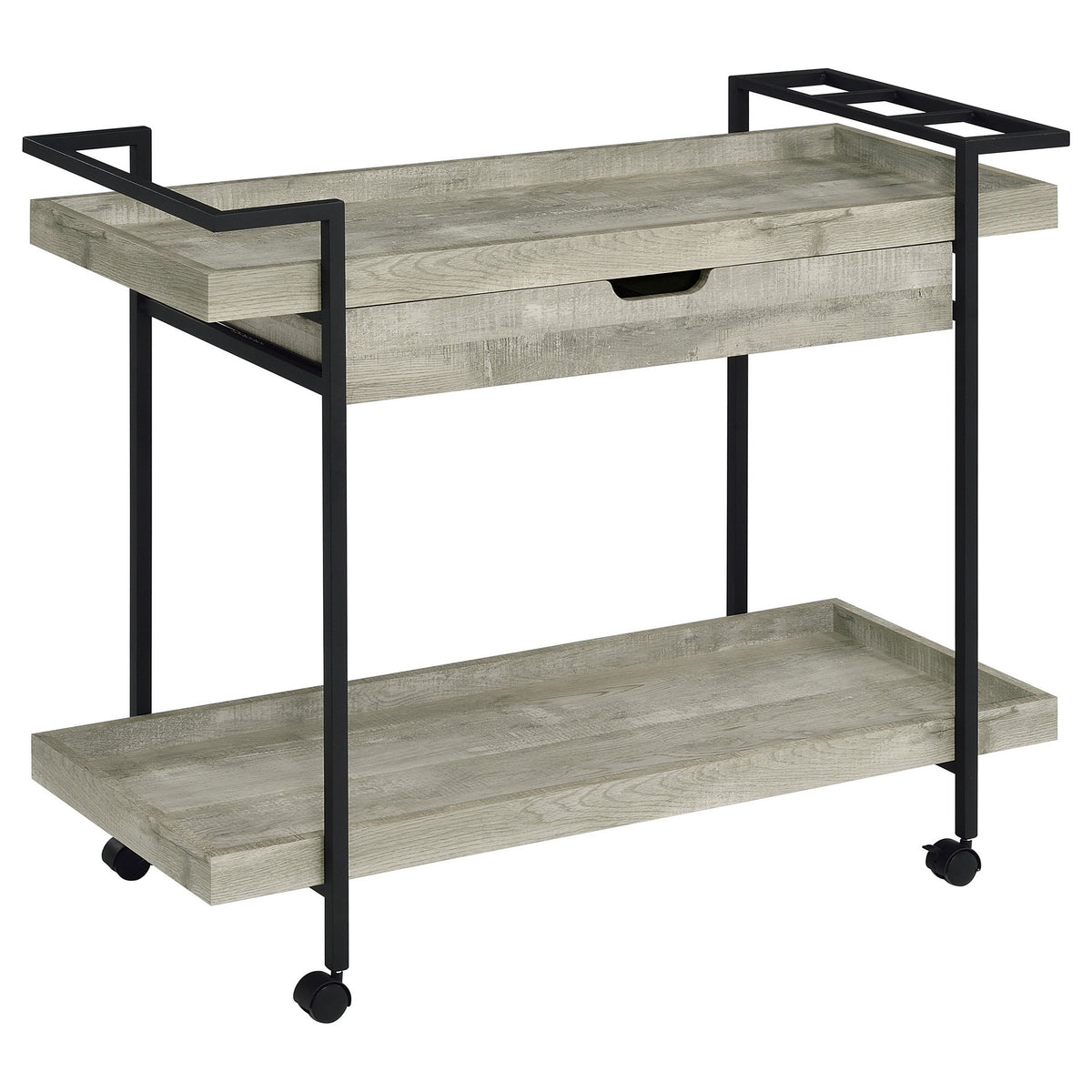 Tra 40 Inch Rolling Bar Cart, 2 Tier with Drawer, Gray Wood, Black Metal - BM315313