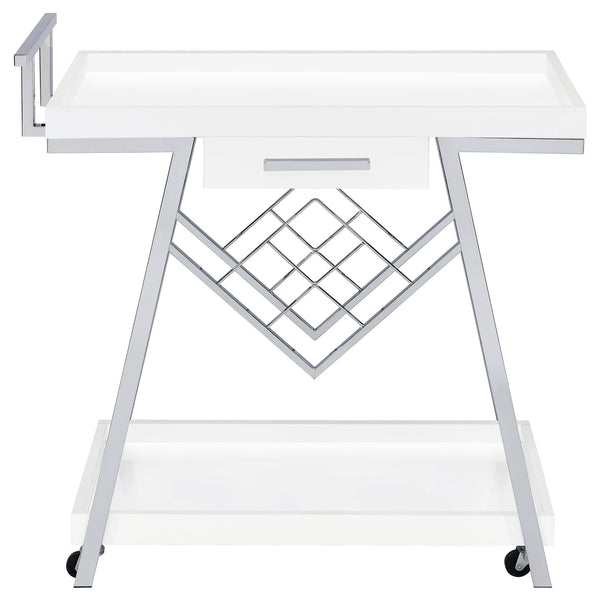 Kne 35 Inch Rolling Bar Cart, 2 Tier with Drawer, Stand, White Wood, Chrome - BM315314