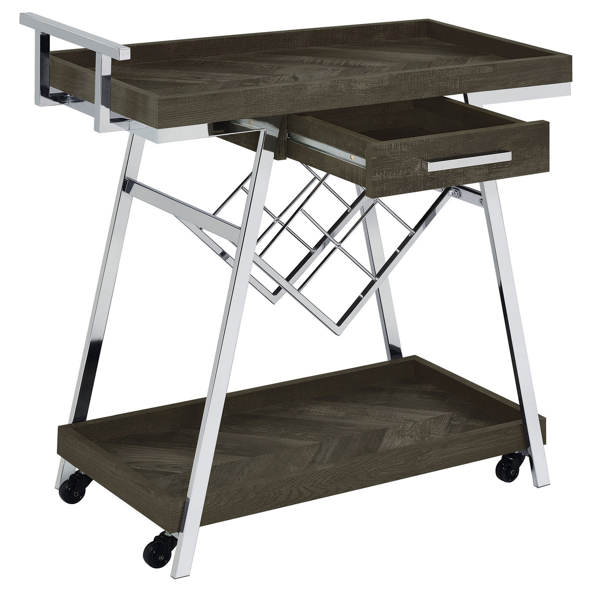 Kne 35 Inch Rolling Bar Cart, 2 Tier with Drawer, Stand, Black Wood, Chrome - BM315315