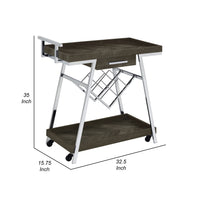 Kne 35 Inch Rolling Bar Cart, 2 Tier with Drawer, Stand, Black Wood, Chrome - BM315315