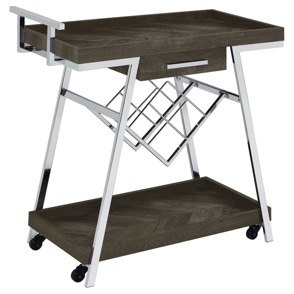 Kne 35 Inch Rolling Bar Cart, 2 Tier with Drawer, Stand, Black Wood, Chrome - BM315315