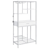 Roa 67 Inch Wine Bar Storage with 5 Shelves, 1 Drawer, White, Chrome Metal - BM315316