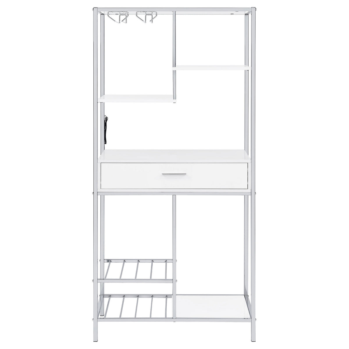 Roa 67 Inch Wine Bar Storage with 5 Shelves, 1 Drawer, White, Chrome Metal - BM315316