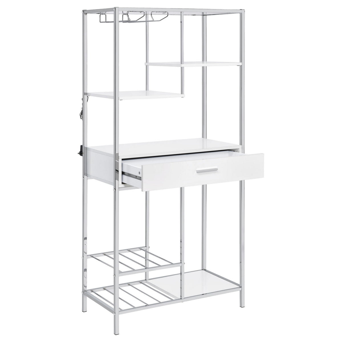 Roa 67 Inch Wine Bar Storage with 5 Shelves, 1 Drawer, White, Chrome Metal - BM315316