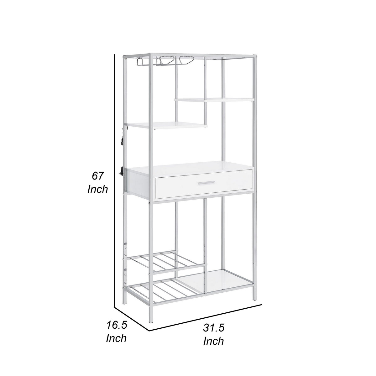 Roa 67 Inch Wine Bar Storage with 5 Shelves, 1 Drawer, White, Chrome Metal - BM315316