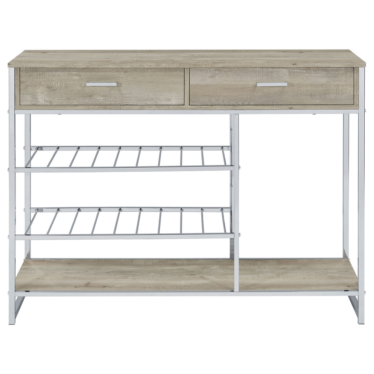 Mel 48 Inch Wine Rack Bar Sideboard, 2 Drawers, Shelves, Gray, Chrome Metal - BM315317