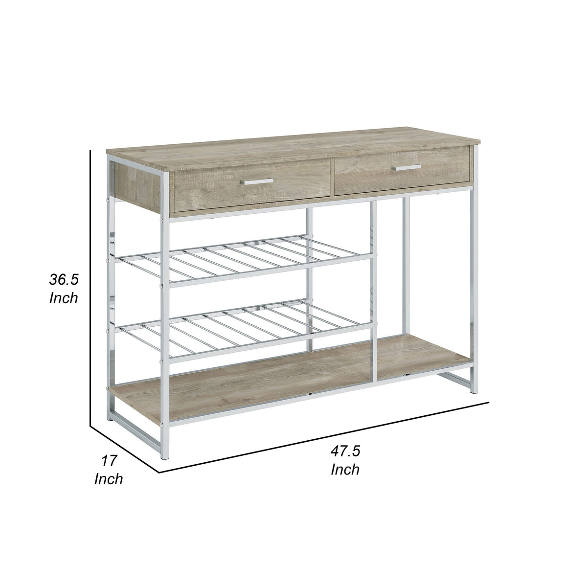 Mel 48 Inch Wine Rack Bar Sideboard, 2 Drawers, Shelves, Gray, Chrome Metal - BM315317