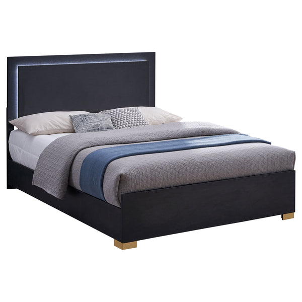 Dex Full Size Bed with LED Framed Headboard, Black Wood Finish, Gold Legs
