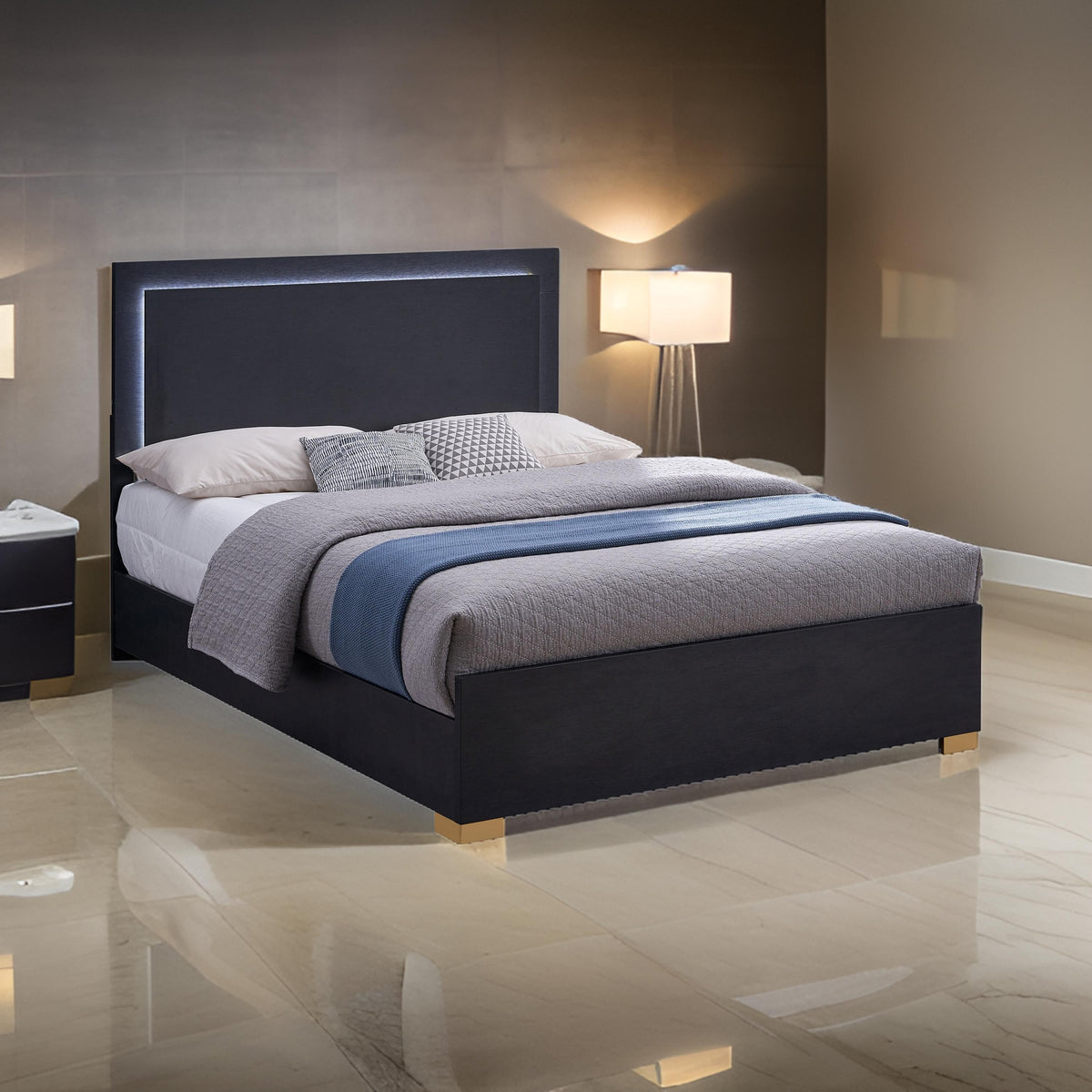 Dex Full Size Bed with LED Framed Headboard, Black Wood Finish, Gold Legs