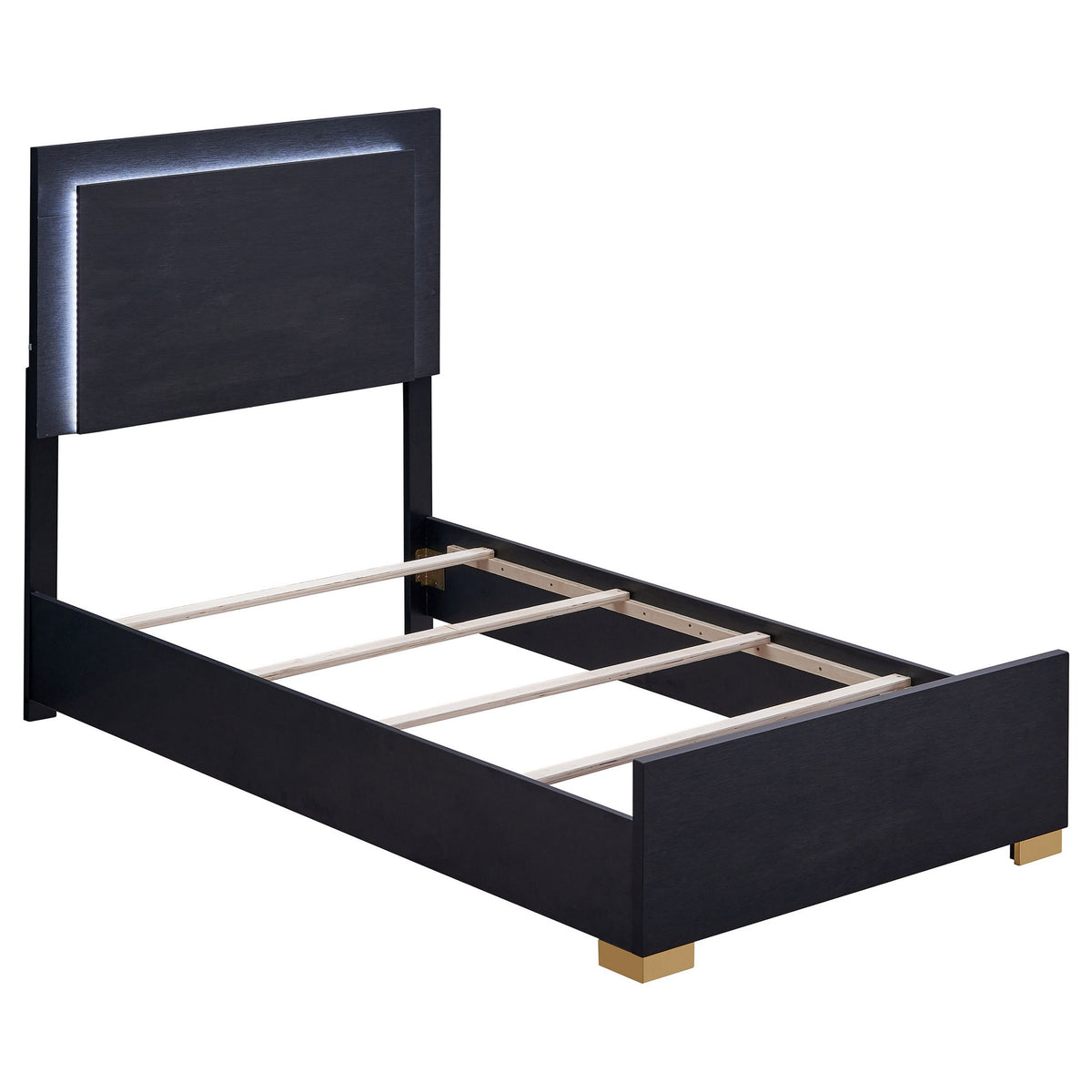 Dex Twin Size Bed with LED Framed Headboard, Black Wood Finish, Gold Legs