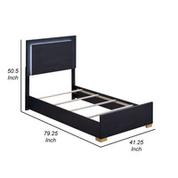 Dex Twin Size Bed with LED Framed Headboard, Black Wood Finish, Gold Legs