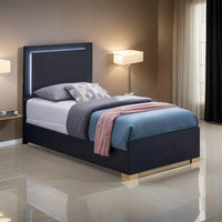 Dex Twin Size Bed with LED Framed Headboard, Black Wood Finish, Gold Legs