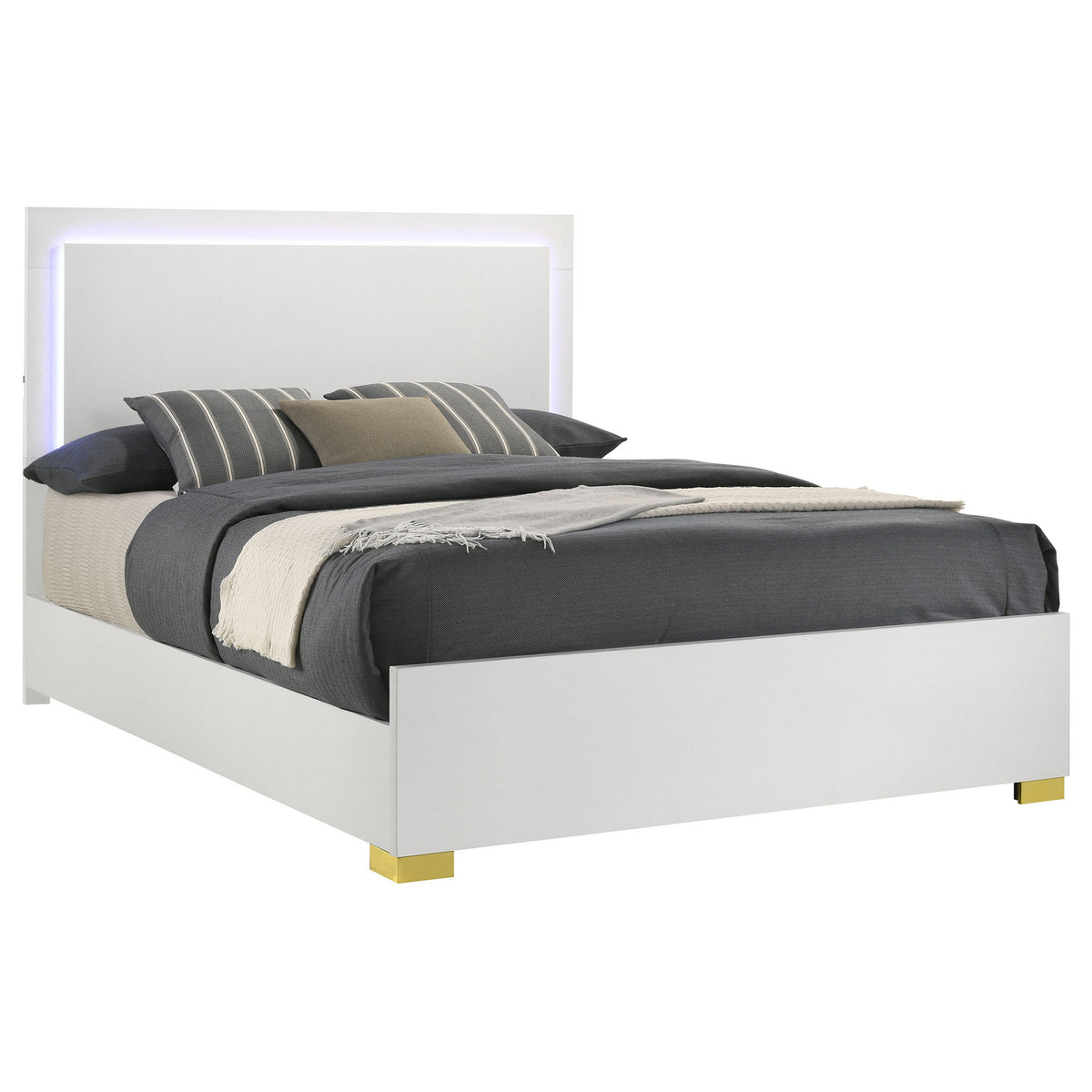 Dex Full Size Bed with LED Framed Headboard, White Wood Finish, Gold Legs