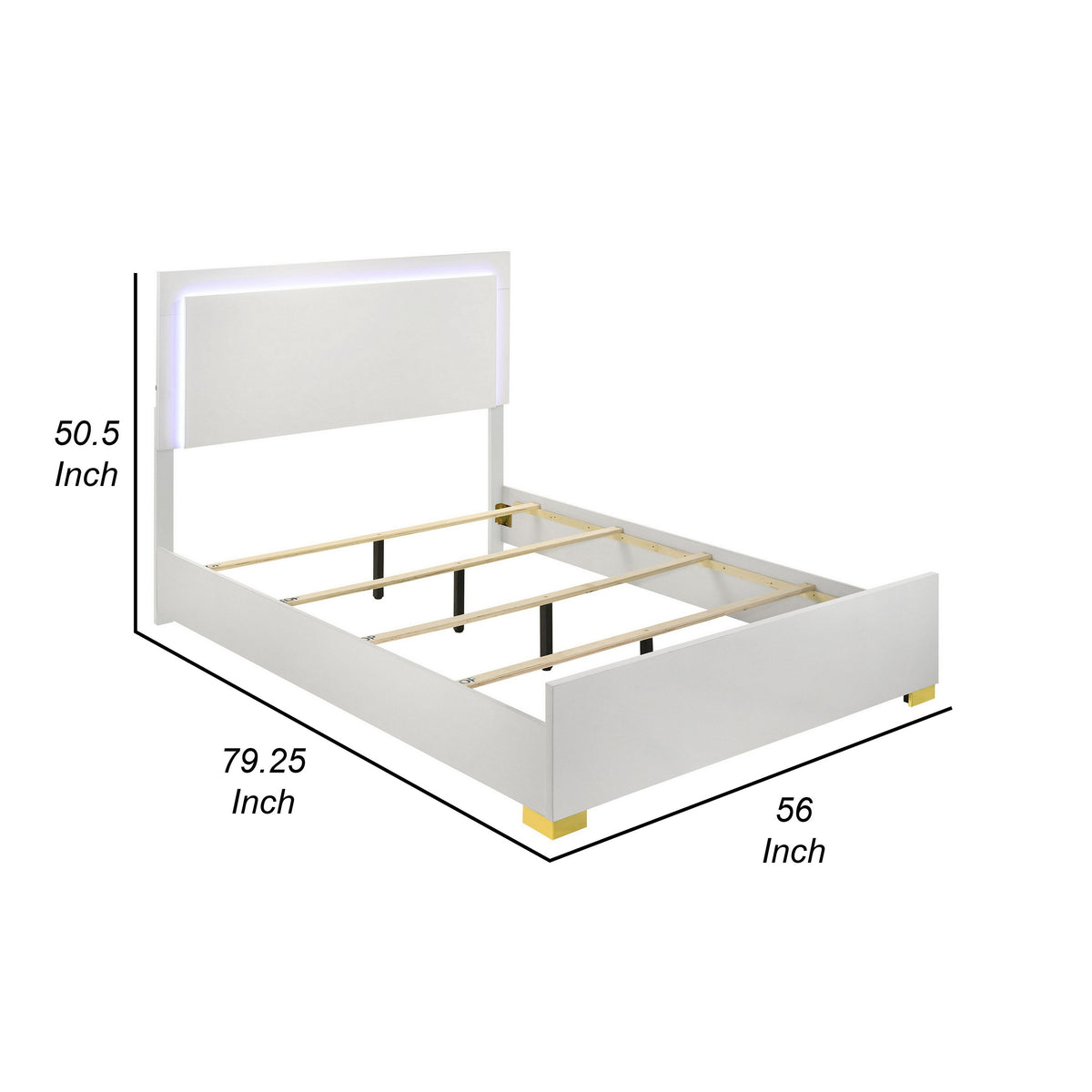 Dex Full Size Bed with LED Framed Headboard, White Wood Finish, Gold Legs