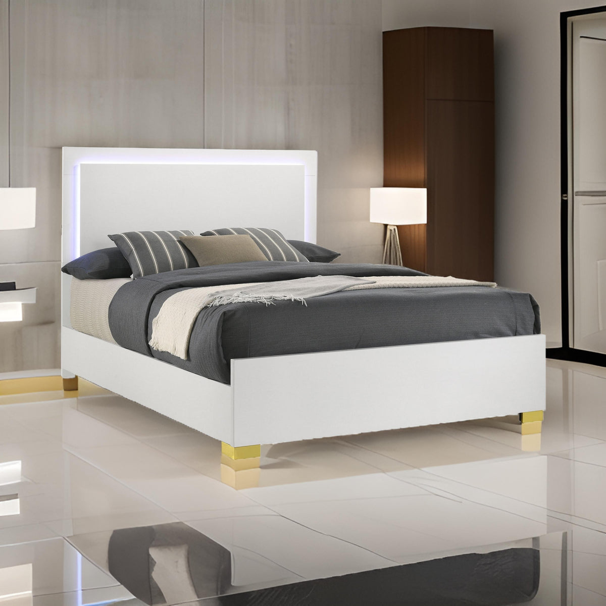 Dex Full Size Bed with LED Framed Headboard, White Wood Finish, Gold Legs