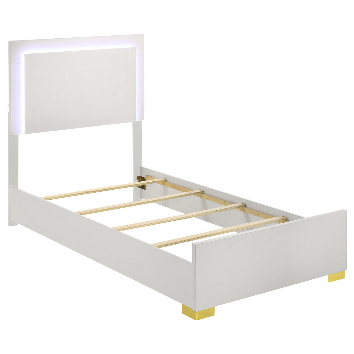 Dex Twin Size Bed with LED Framed Headboard, White Wood Finish, Gold Legs