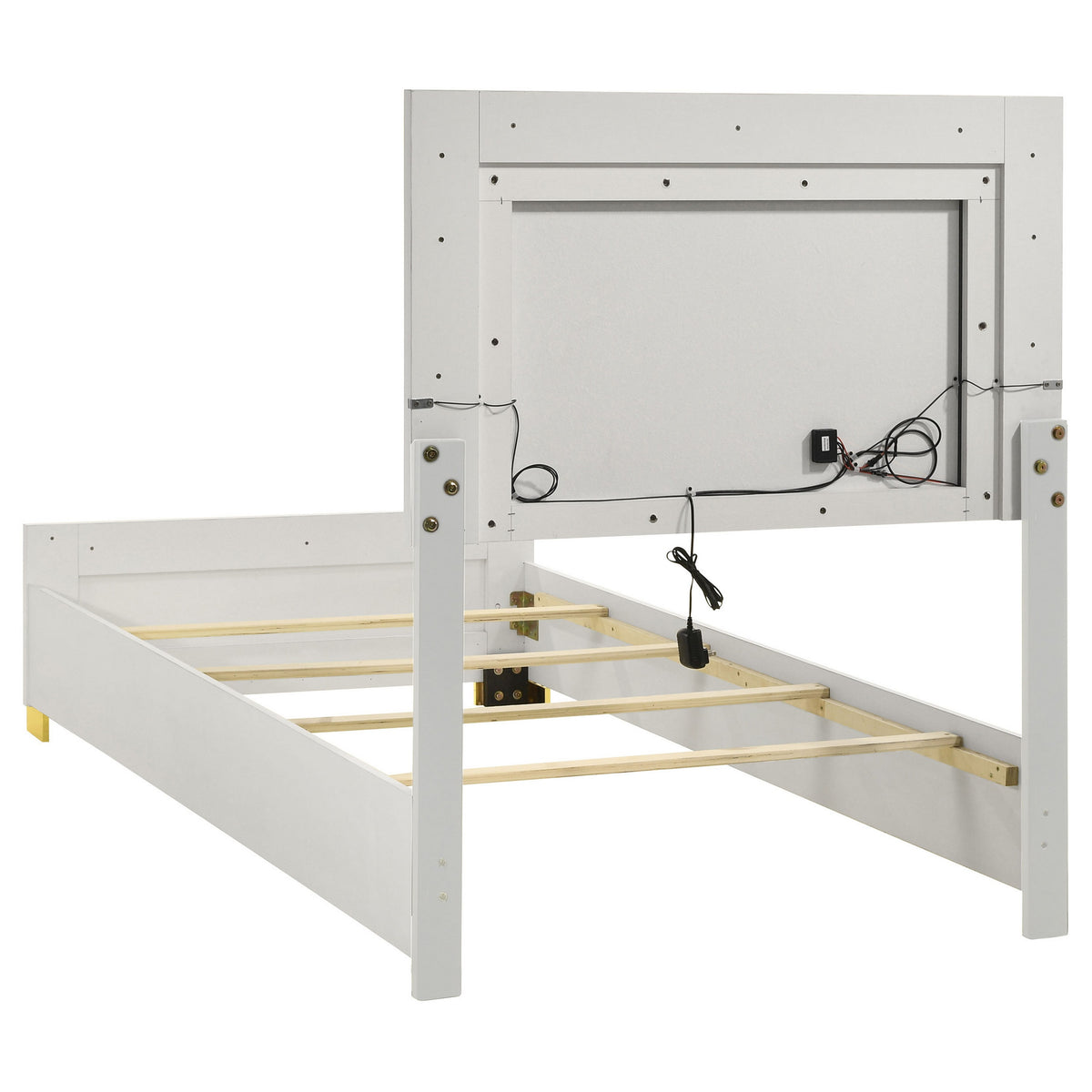 Dex Twin Size Bed with LED Framed Headboard, White Wood Finish, Gold Legs