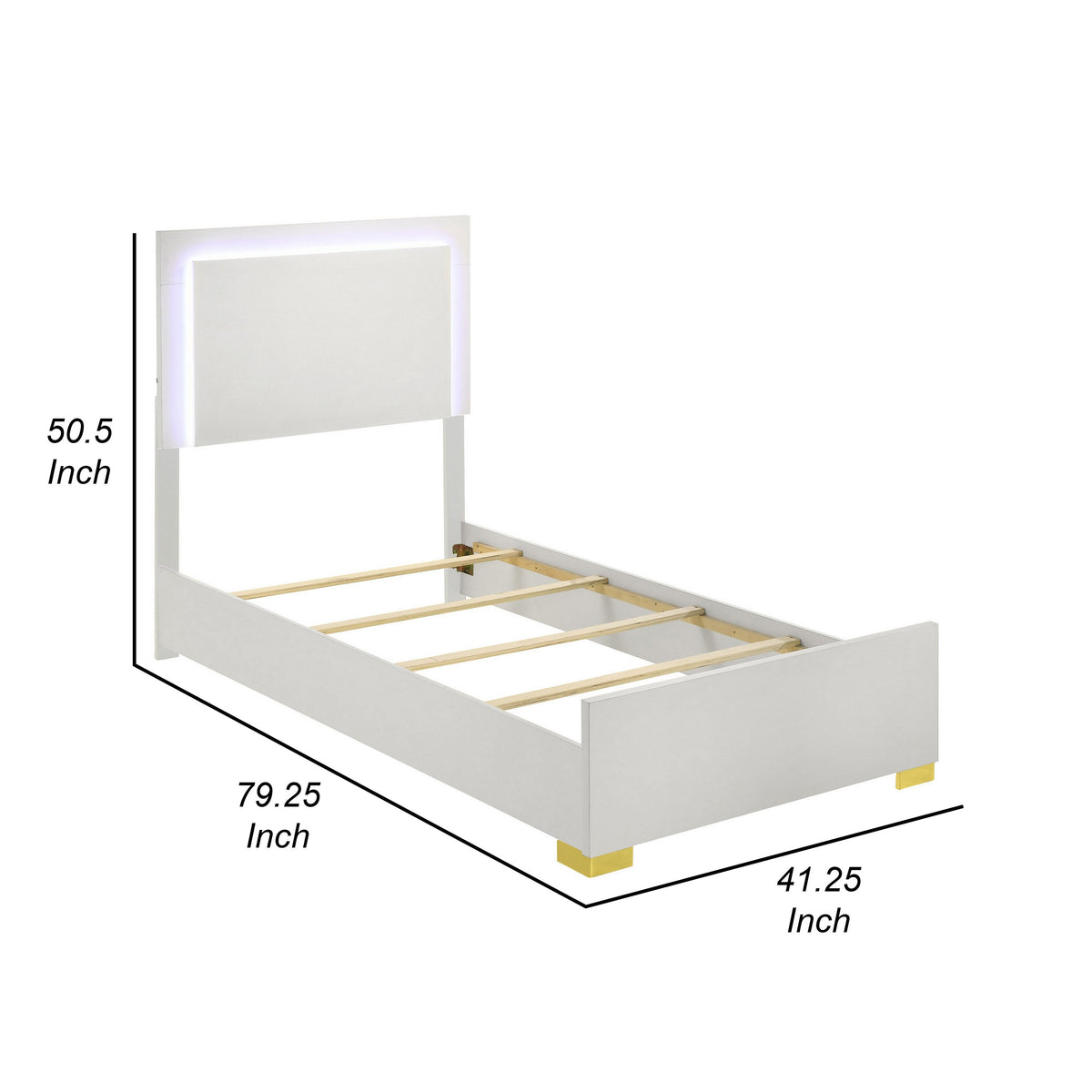 Dex Twin Size Bed with LED Framed Headboard, White Wood Finish, Gold Legs