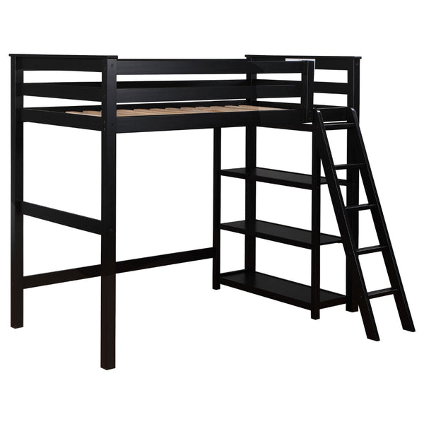 Ica Modern Twin Loft Bed with 3 Shelves and Ladder, Black Solid Wood - BM315325