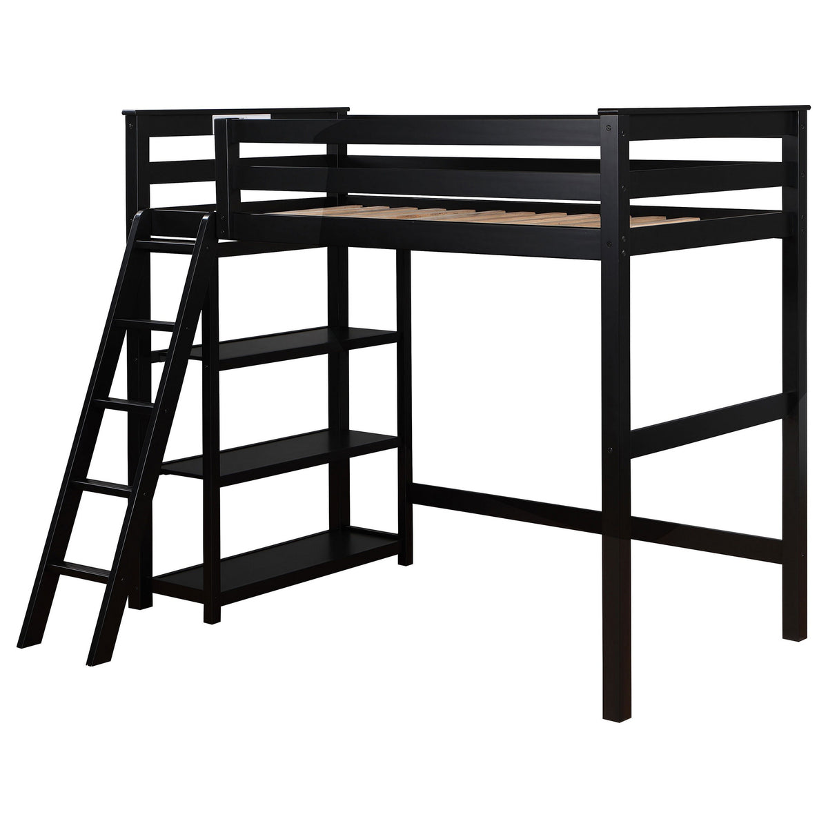 Ica Modern Twin Loft Bed with 3 Shelves and Ladder, Black Solid Wood - BM315325