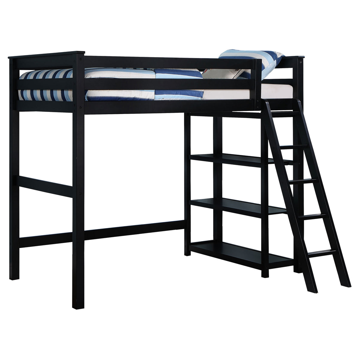 Ica Modern Twin Loft Bed with 3 Shelves and Ladder, Black Solid Wood - BM315325