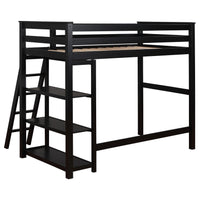 Ica Modern Twin Loft Bed with 3 Shelves and Ladder, Black Solid Wood - BM315325