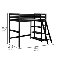 Ica Modern Twin Loft Bed with 3 Shelves and Ladder, Black Solid Wood - BM315325