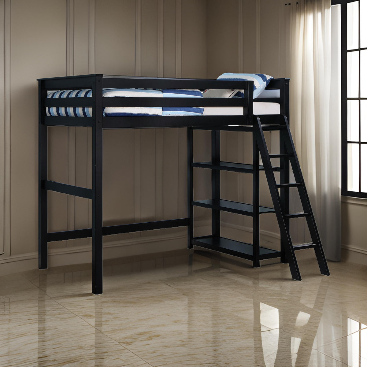 Ica Modern Twin Loft Bed with 3 Shelves and Ladder, Black Solid Wood - BM315325