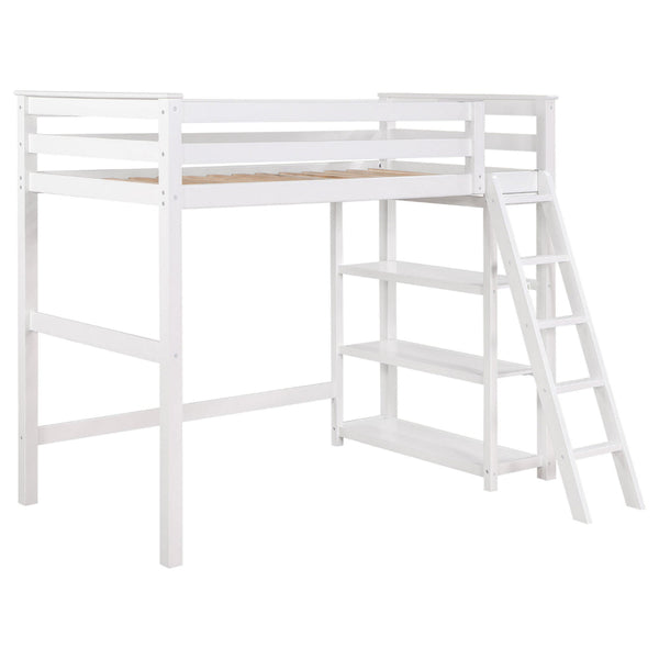 Ica Modern Twin Loft Bed with 3 Shelves and Ladder, White Solid Wood - BM315326