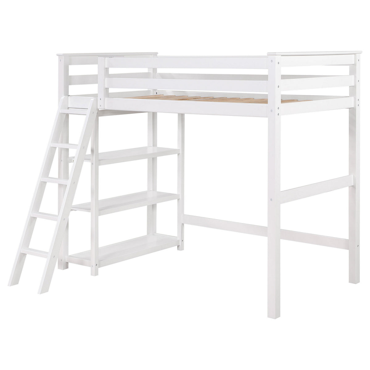 Ica Modern Twin Loft Bed with 3 Shelves and Ladder, White Solid Wood - BM315326