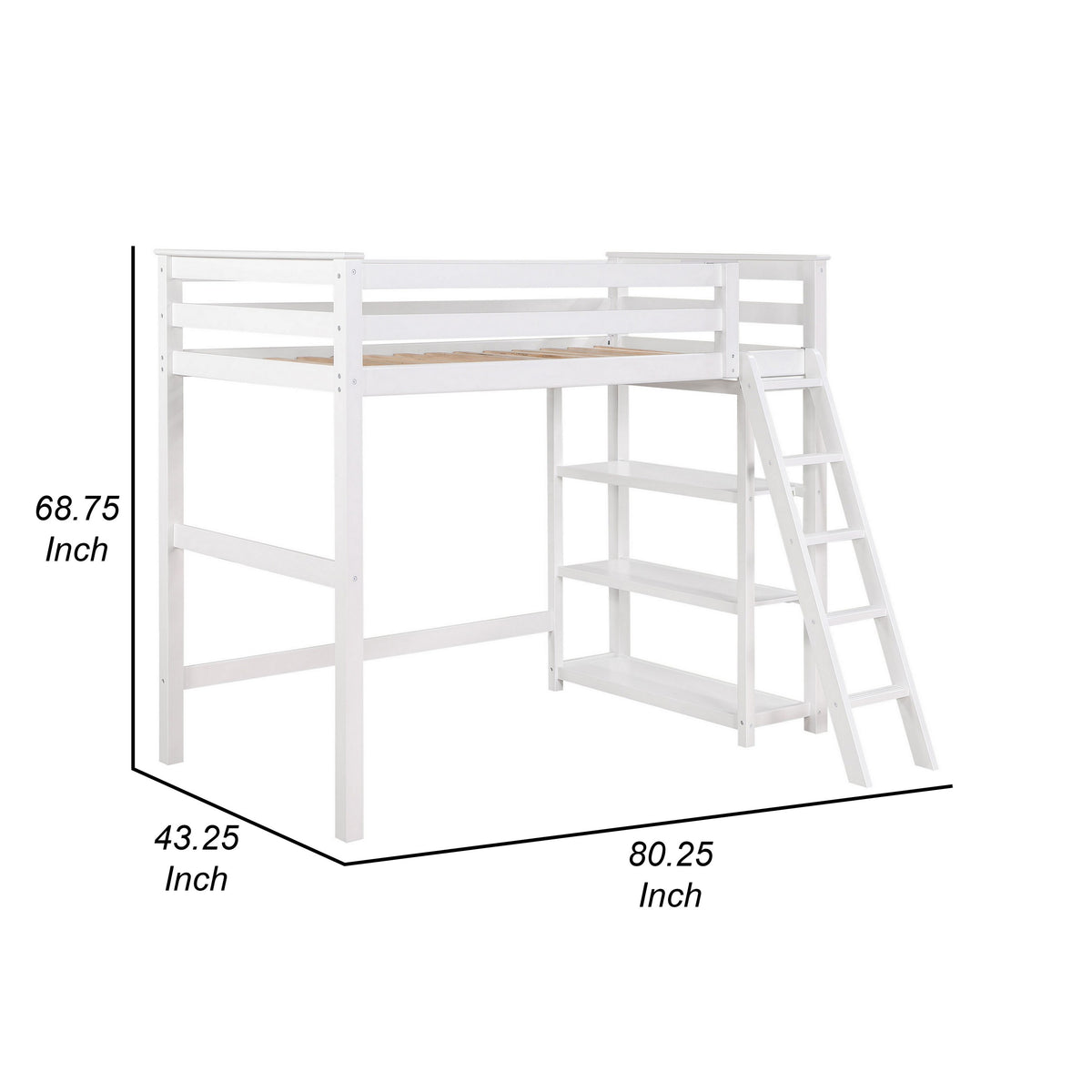 Ica Modern Twin Loft Bed with 3 Shelves and Ladder, White Solid Wood - BM315326