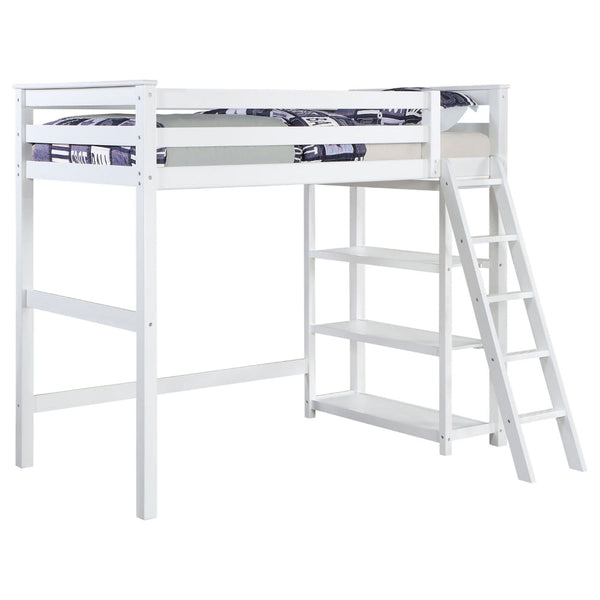 Ica Modern Twin Loft Bed with 3 Shelves and Ladder, White Solid Wood - BM315326